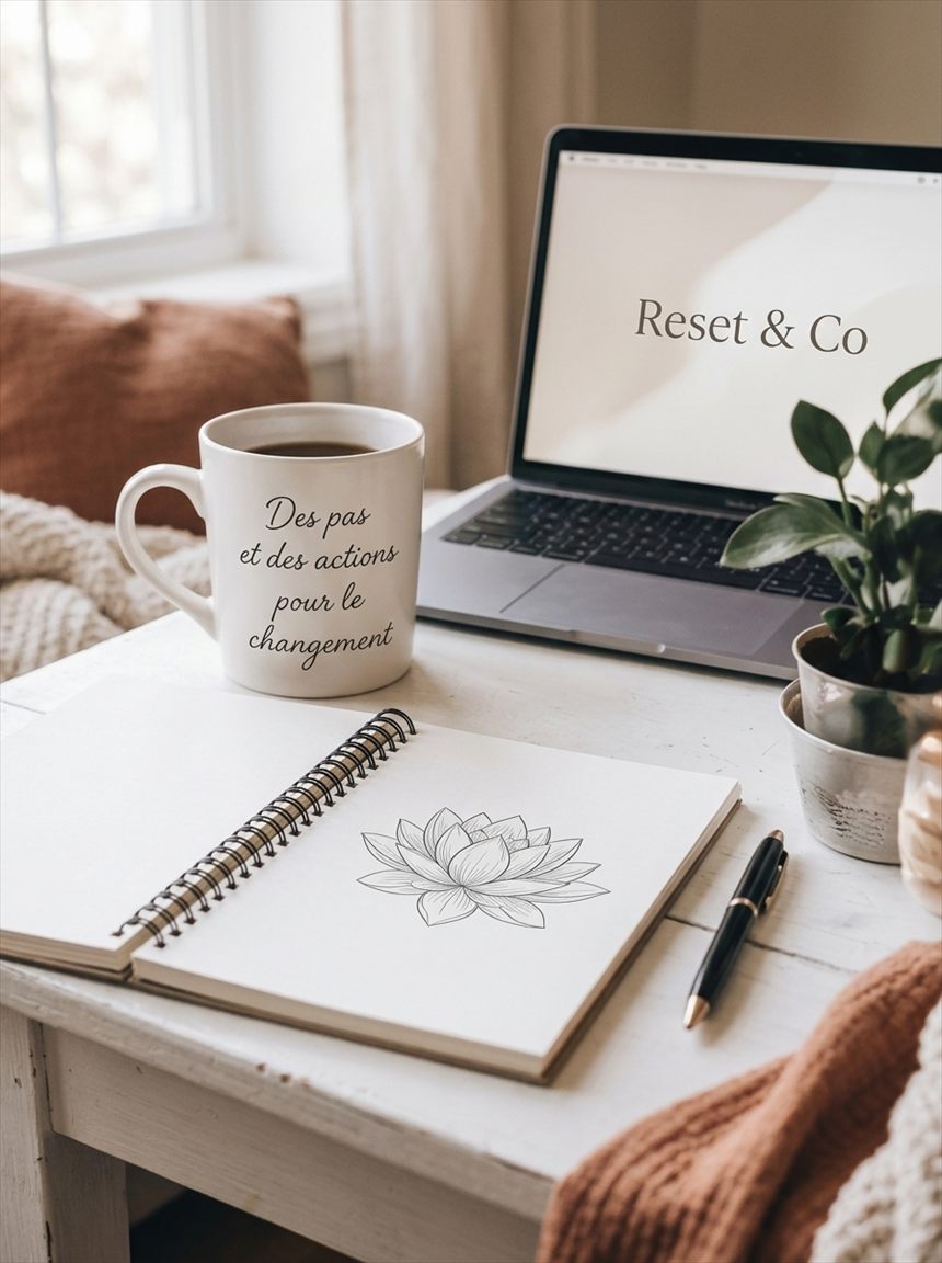 Séances en visioconférence - Bureau chaleureux, tasse inspirante et Reset & Co