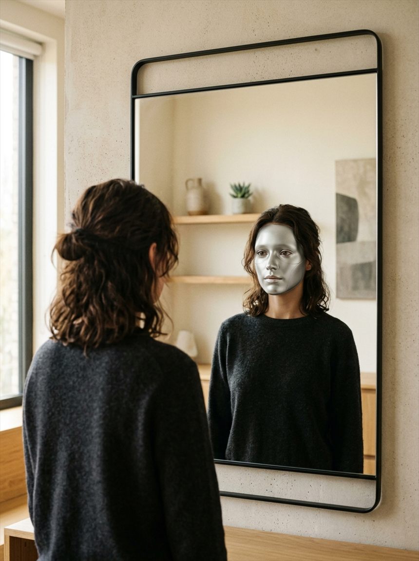 Femme face à son miroir, quête d'authenticité et reconnexion à soi